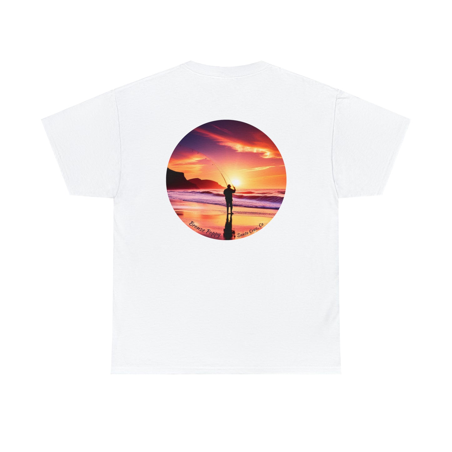 Bronze Poppy ~ Fishing on the Beach ~ Summer Sunset ~ Santa Cruz, California ~ Unisex Heavy Cotton Tee